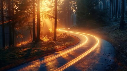 Wall Mural - car headlights on winding road through misty pine forest at sunset long exposure photography