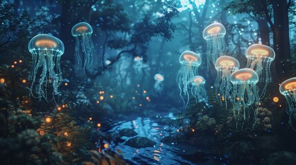 Wall Mural - A surreal scene of glowing jellyfish drifting through a bioluminescent underwater generated by AI