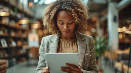 Poster - Full-body image of a business woman interacting with an iPad in a stylish office, the clean image quality showcases her professional attire and focus on work.