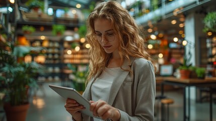 Poster - Full-body image of a business woman interacting with an iPad in a stylish office, the clean image quality showcases her professional attire and focus on work.