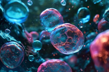 Poster - microbiological cells, cancer cells floating in a clear liquid, under a microscope.ai generated