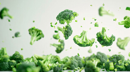 Fresh green broccoli falling on white background copy