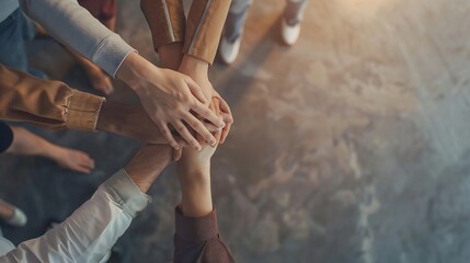 close up top view of young business people putting their hands together stack of hands unity and tea