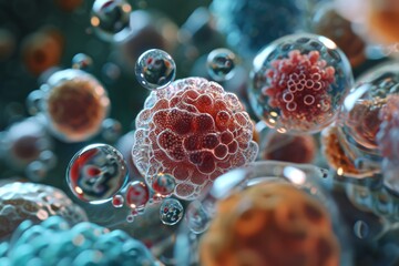 Poster - microbiological cells, cancer cells floating in a clear liquid, under a microscope.ai generated