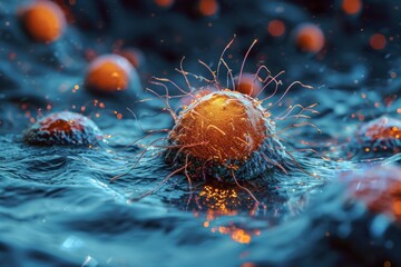 Poster - microbiological cells, cancer cells floating in a clear liquid, under a microscope.ai generated
