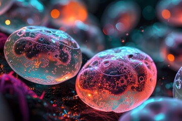 Poster - microbiological cells, cancer cells floating in a clear liquid, under a microscope.ai generated