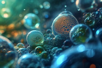 Poster - microbiological cells, cancer cells floating in a clear liquid, under a microscope.ai generated