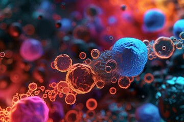 Poster - microbiological cells, cancer cells floating in a clear liquid, under a microscope.ai generated