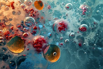 Poster - microbiological cells, cancer cells floating in a clear liquid, under a microscope.ai generated