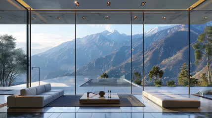 Wall Mural - A minimalist modern house with a floor-to-ceiling window showcasing a mountain view.
