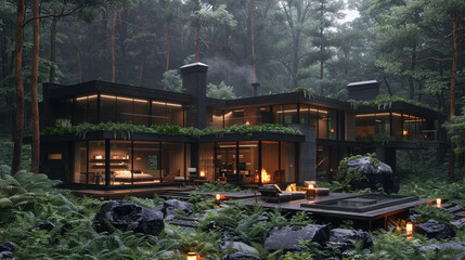 Wall Mural - A modern cabin nestled in a forest with floor-to-ceiling windows and a cozy fireplace.