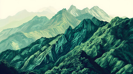 Wall Mural - green mountains landscape illustration abstract background decorative painting