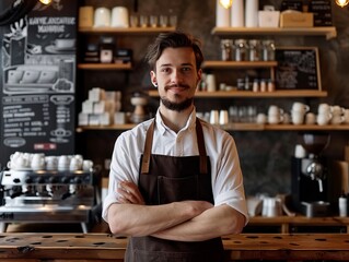 A confident, smiling male barista standing with crossed arms in a well-decorated coffee shop