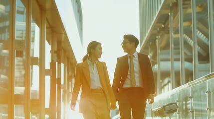 Businessman and businesswoman discussing work while walking vintage tone effect : Generative AI