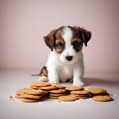 Canvas Print - AI generated illustration of an adorable puppy sitting near cookies, playfully touching one with paw