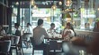 © AI Lab - Presentation restaurant and business people in lunch meeting for discussion planning and group work Coffee shop teamwork and men and women talking for team building collaboration and i : Generative AI