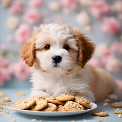 Poster - AI generated illustration of a dog sitting on a plate next to cookies