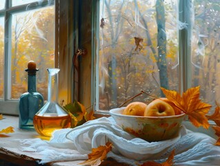 Wall Mural - AI-generated illustration of a painting featuring apples, honey jar and Fall leaves by a window