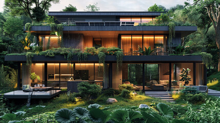 Wall Mural - A sustainable modern house with solar panels on the roof and a lush green garden surrounding it.