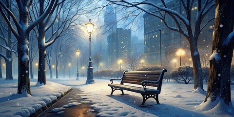 Poster - Tranquil Park Bench on a Snowy Path