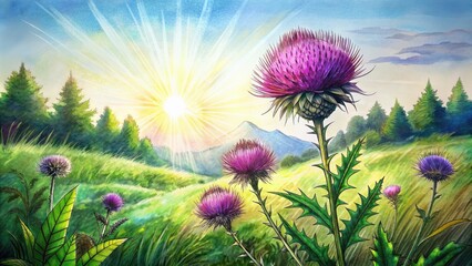 Poster - Spiky thistle flowers basking in the sun