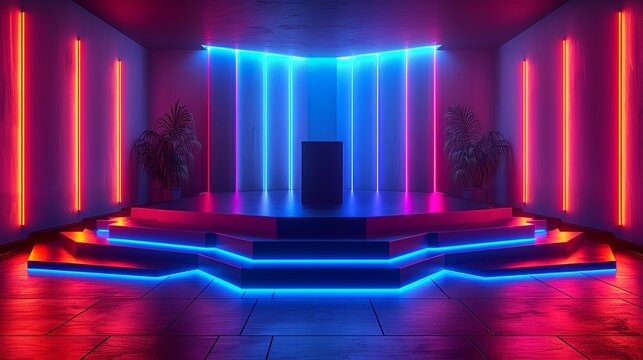 A modern, hexagonal podium with a matte finish, accented by pulsing blue and red neon lights, positioned in a futuristic, minimalist room. Minimal and Simple style