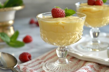 Wall Mural - Gourmet vanilla pudding in glass served with raspberries and mint on a sophisticated table setup