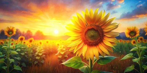 Wall Mural - Radiant sunflower in a field at sunset