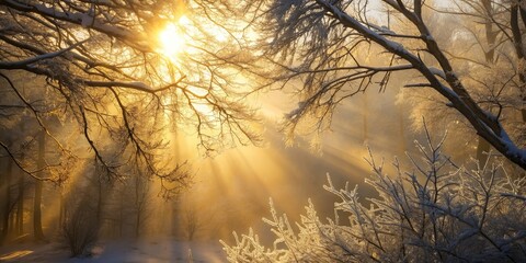 Poster - Sunbeams streaming through a misty forest