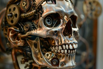 Poster - closeup of a detailed steampunk robot skull with intricate metallic gearwork and advanced robotic te