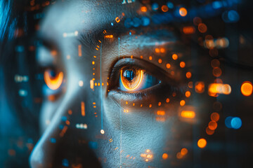 Poster - A woman's eye is reflected in a screen of glowing lights