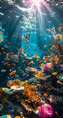 underwater coral reef seascape background with small colorful fish and transparent water