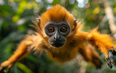 Canvas Print - AI generated illustration of a monkey in mid-air, gazing up at the camera