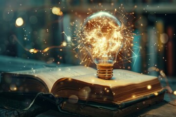 Poster - Dazzling light bulb glows with a network of sparks above an open book, symbolizing creativity and ideas