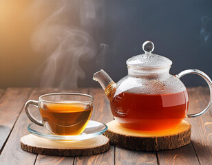 Wall Mural - Hot tea in glass teapot and cup with steam