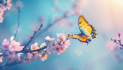 Wall Mural - A vibrant, best-seller-worthy image of a butterfly perched delicately on cherry blossoms, with an abstract bokeh wallpaper effect in the background