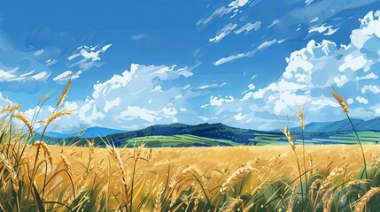 Poster - Serene landscape of a wheat field under a bright blue sky, ideal abstract concept for wallpapers and backgrounds with best-seller appeal