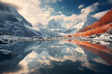 Wall Mural - Mountain lake in Himalayas at sunset, perfect reflection at sunrise, snowy mountains, hills, fog over the lake, AI generated