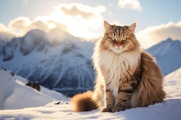 Portrait of a happy british longhair cat isolated in snowy mountain range