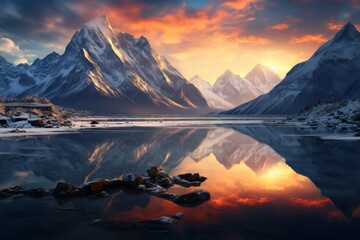 Wall Mural - Mountain lake in Himalayas at sunset, perfect reflection at sunrise, snowy mountains, hills, fog over the lake, AI generated