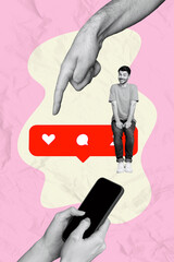 Poster - Vertical picture collage sitting man blogging notification panel like comment user smartphone virtual communication social media