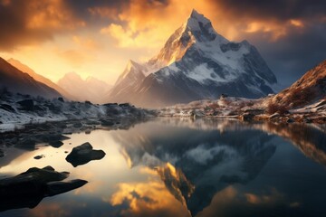 Wall Mural - Mountain lake in Himalayas at sunset, perfect reflection at sunrise, snowy mountains, hills, fog over the lake, AI generated