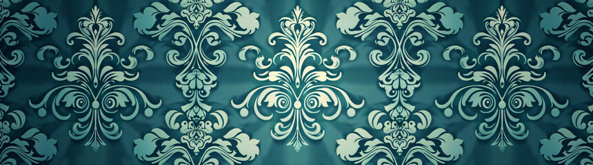 Poster - Beautiful turquoise vintage pattern with a damask texture. Wide panoramic seamless background