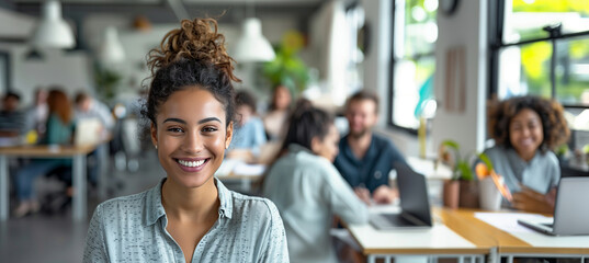 a  of a female employee smiling confidently at her desk with her colleagues working in the background, capturing a productive office atmosphere, Leadership, Manager,