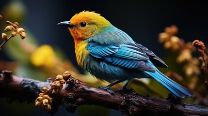 Close-up of a vividly colored bird with blue and orange feathers standing on a branch surrounded by buds