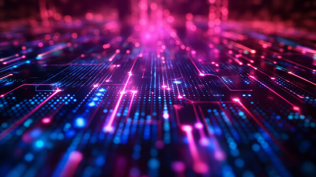 Abstract technology background Neon circuit board with bokeh effect High tech and dark background connection system with binary code and circuits. 3D rendering.
