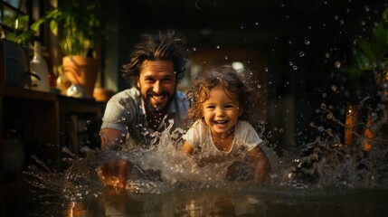 Wall Mural - Father and daughter enjoy playing with water splashes in a home kitchen setting