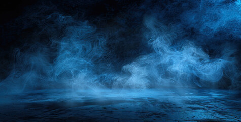 Dark blue background with fog and smoke, concrete floor. Created with Ai