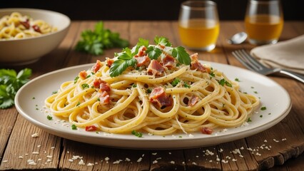 Delicious plate of creamy carbonara pasta garnished with parsley, served in a rustic setting accompanied by two glasses of white wine.