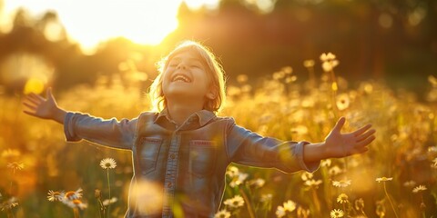Wall Mural - A child in a denim jacket with arms outstretched in a field at sunset, celebrating the beauty of nature